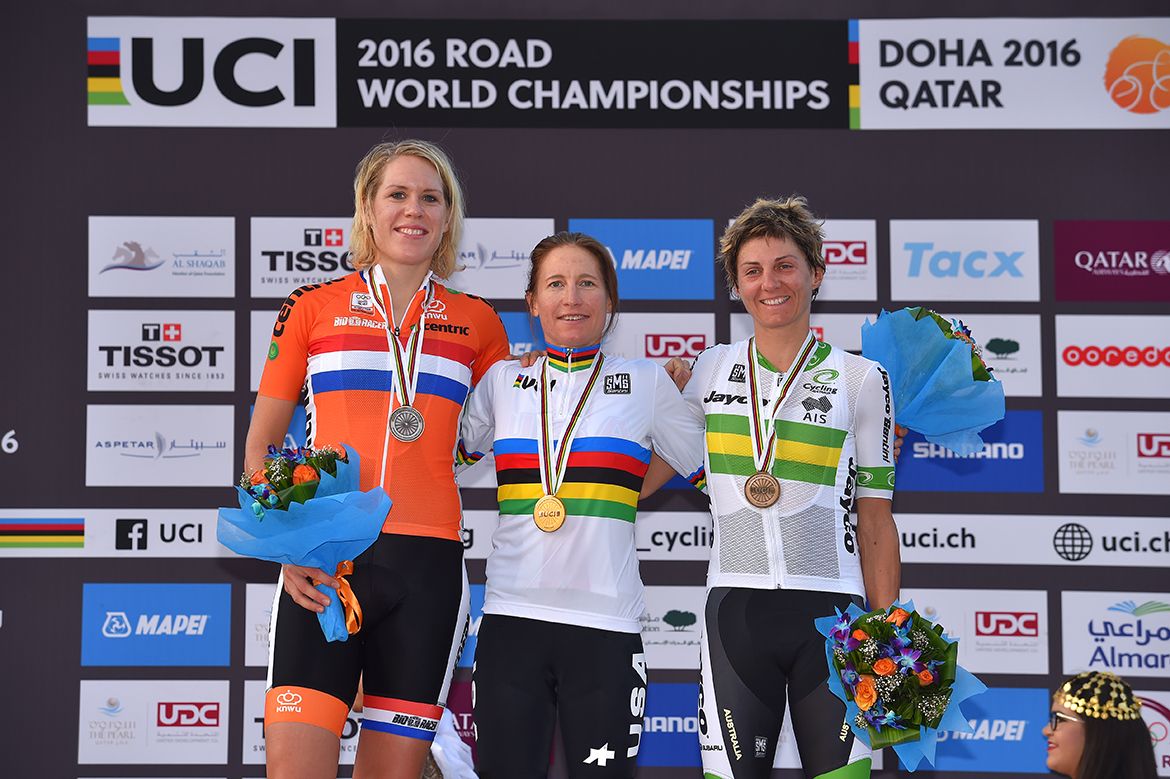 Ellen van Dijk, Amber Neben and Katrin Garfoot on the Worlds podium in Doha
