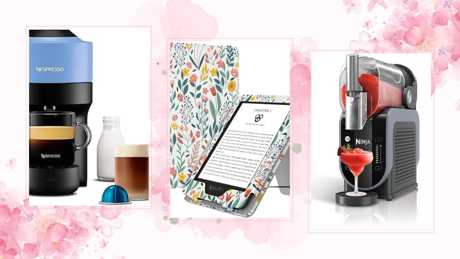 A collage of items on sale during Amazon Prime Day 2025 including a coffee machine, a drinks maker and an e-reader