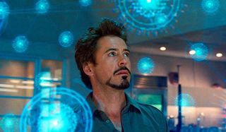 Iron Man 2 Tony looks at the holograms in front of him