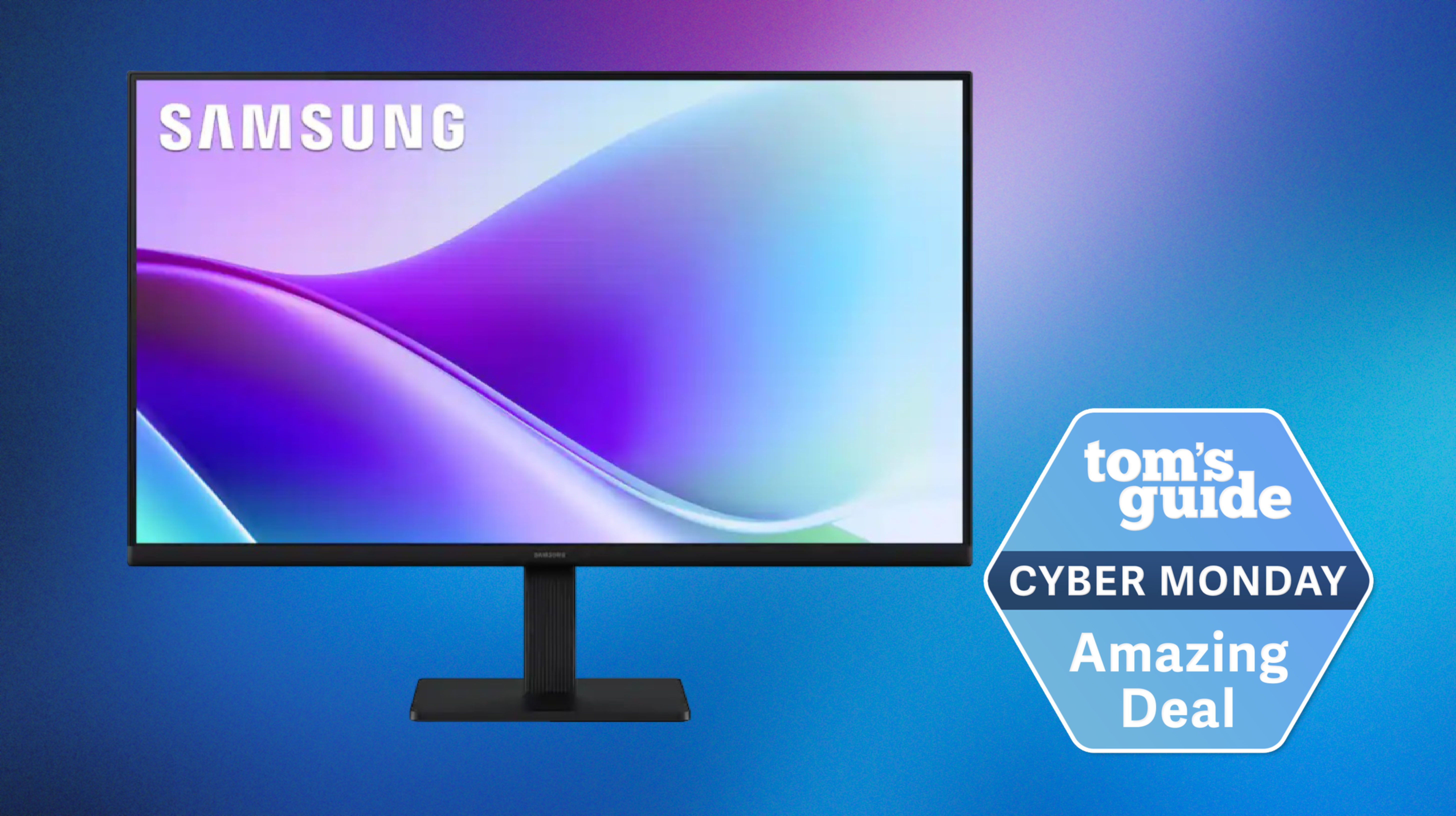 Samsung S32GD monitor on colored background with Tom's Guide Cyber Monday Amazing Deal badge