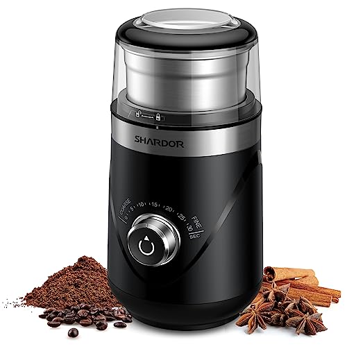 Shardor Electric Super Silent Blade Coffee Grinder, Timed Grind Control Rotary Knob, Adjustable Coarse to Fine for Coffee Beans, Spices & Herbs, With 1 Removable Stainless Steel Bowl, Black