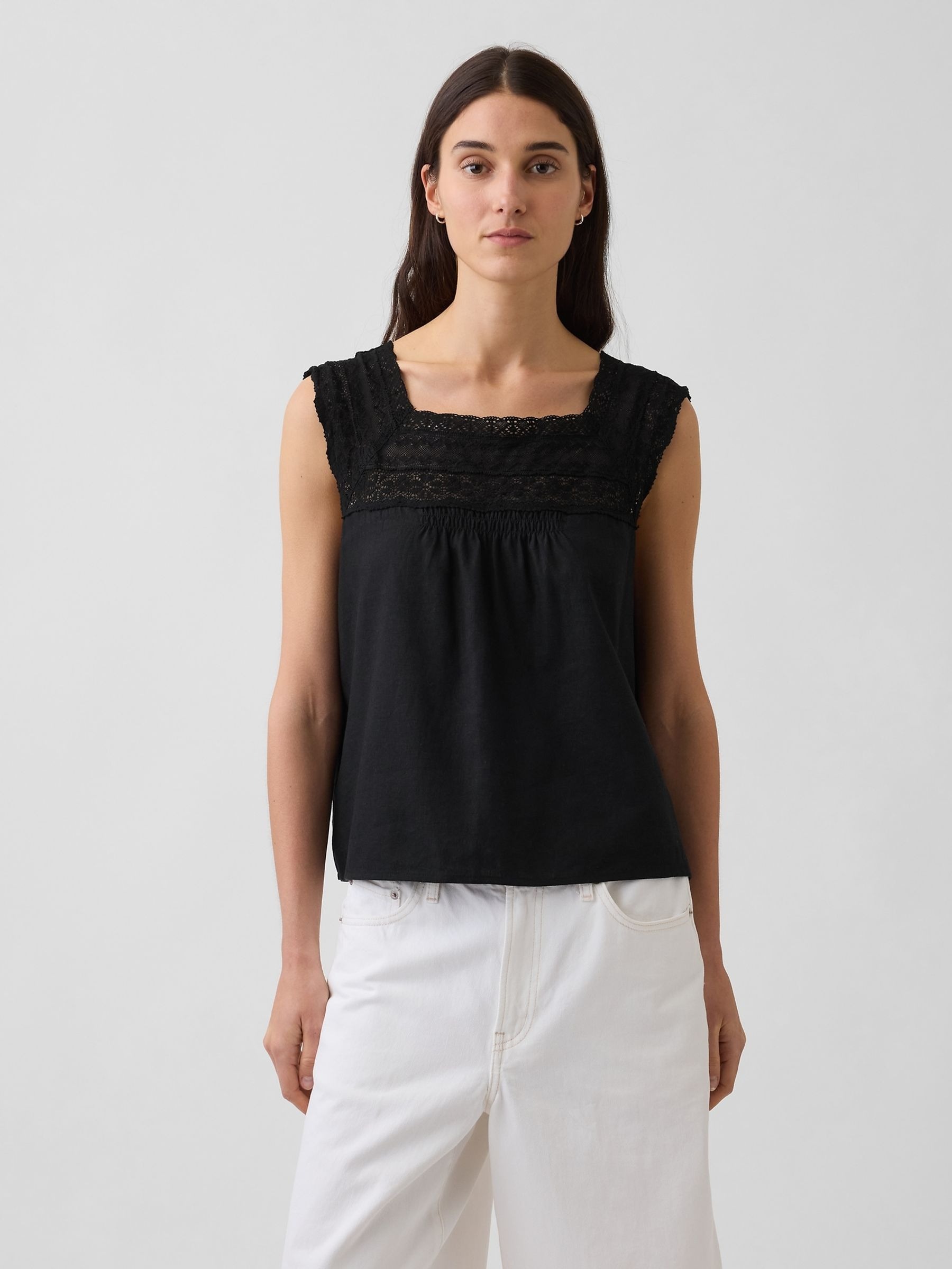 GAP, Black Linen-Blend Crochet Square-Neck Top