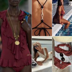 a collage of swimsuit trends