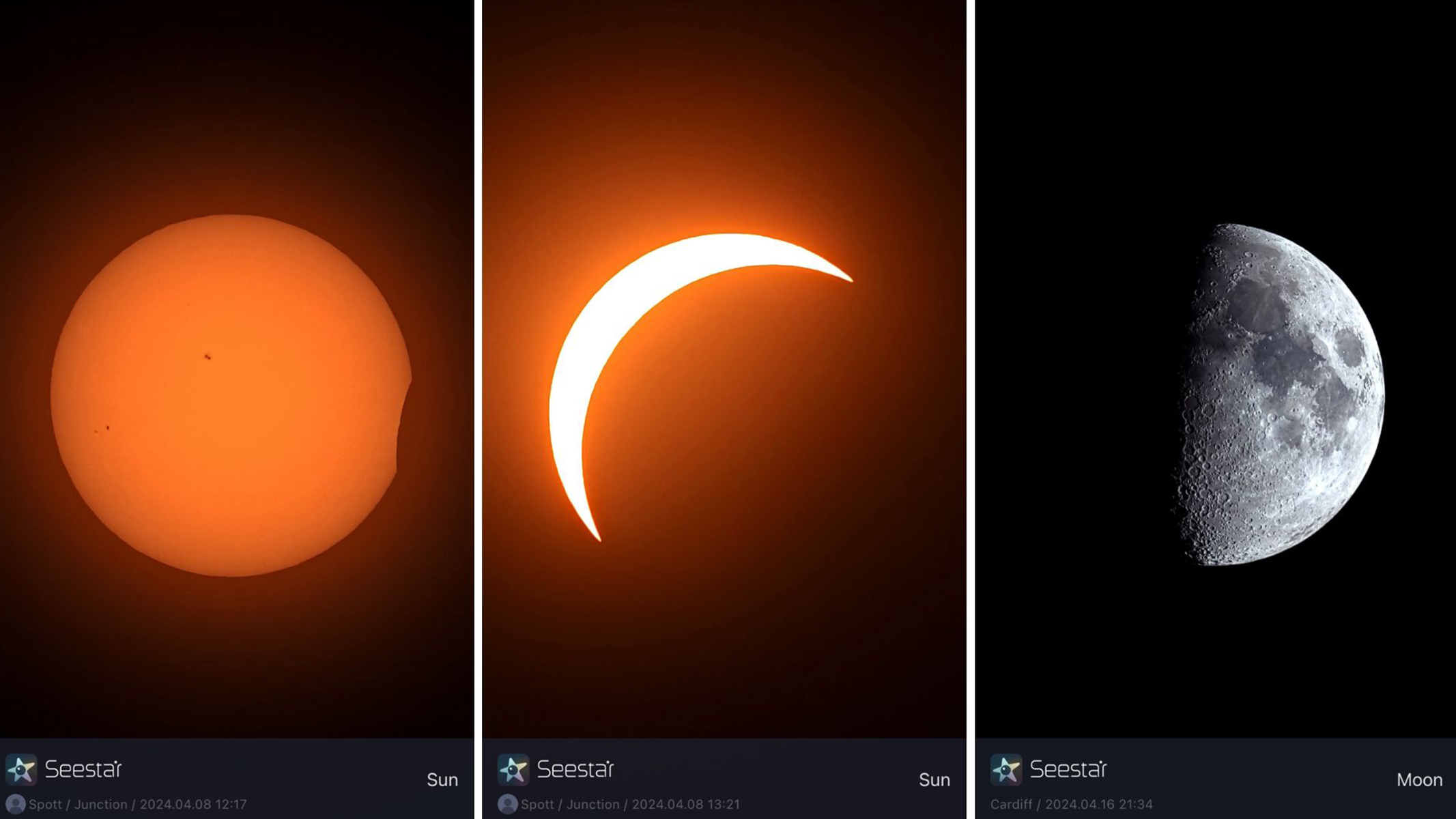 A composite of three photos taken with the telescope show a solar eclipse and a first-quarter moon taken with the Seestar S50
