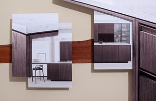 A collage of layered images featuring wooden ridged cupboard fronts. Image on the left shows one half od the kitchen with the stool and the image on the right shows the other half of the kitchen with a kettel on the whitr worktop and a glass cupboard