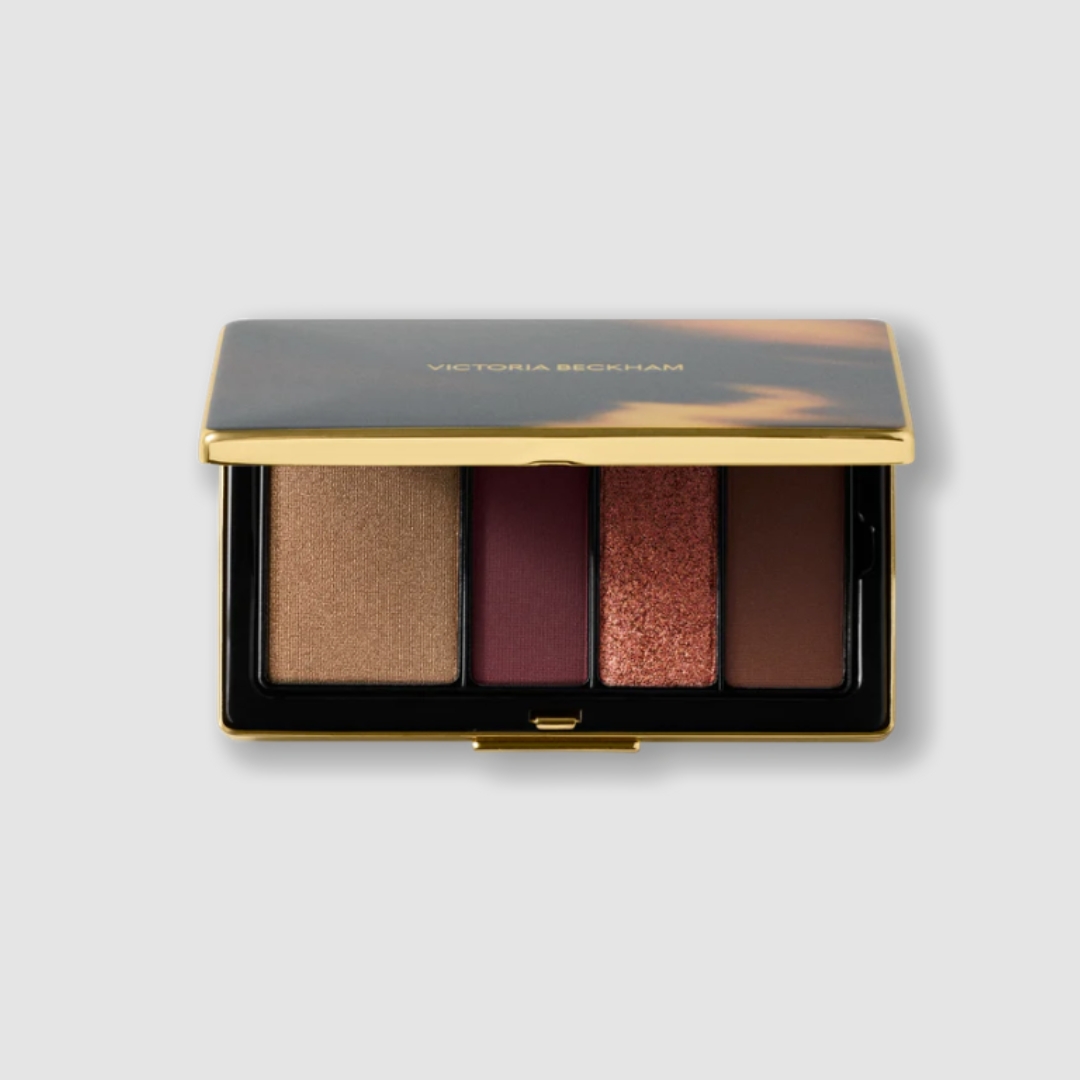 A product shot of the Victoria Beckham Beauty Eye Wardrobe eyeshadow palette is shade Bordeaux, pictured on a grey background