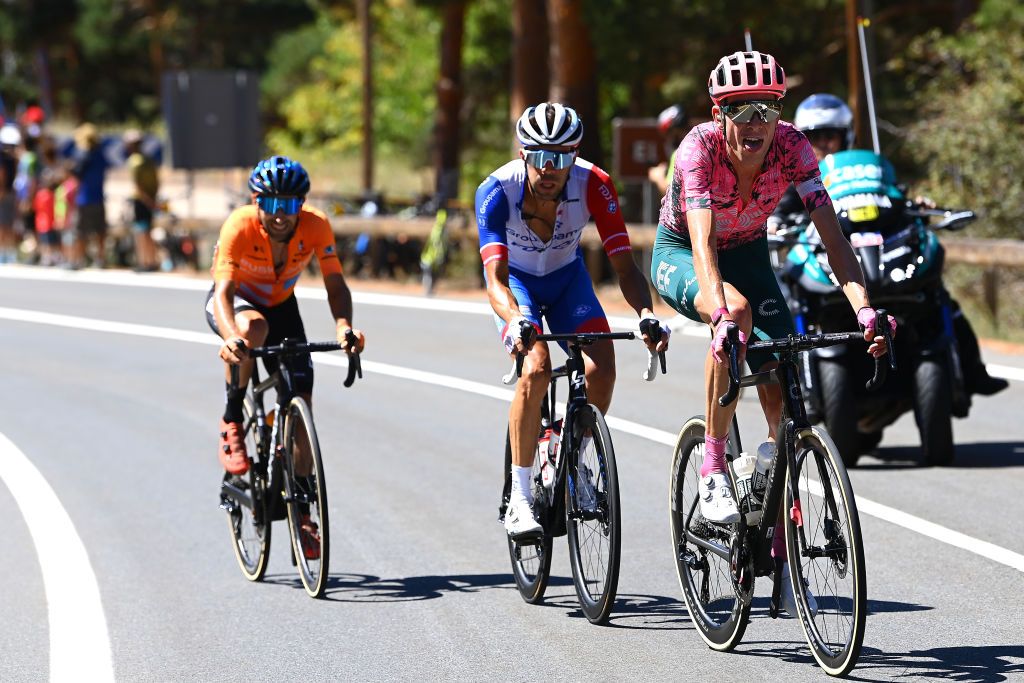 NAVACERRADA SPAIN SEPTEMBER 10 Thibaut Pinot of France and Team Groupama FDJ and Hugh Carthy of United Kingdom and Team EF Education Easypost compete in the chase group during the 77th Tour of Spain 2022 Stage 20 a 181km stage from Moralzarzal to Puerto de Navacerrada 1851m LaVuelta22 WorldTour on September 10 2022 in Puerto de Navacerrada Spain Photo by Tim de WaeleGetty Images