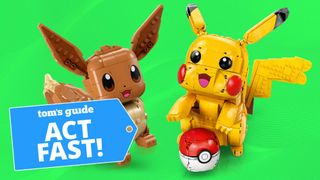Lego Pok&eacute;mon Pikachu and Eevee building sets on a green background