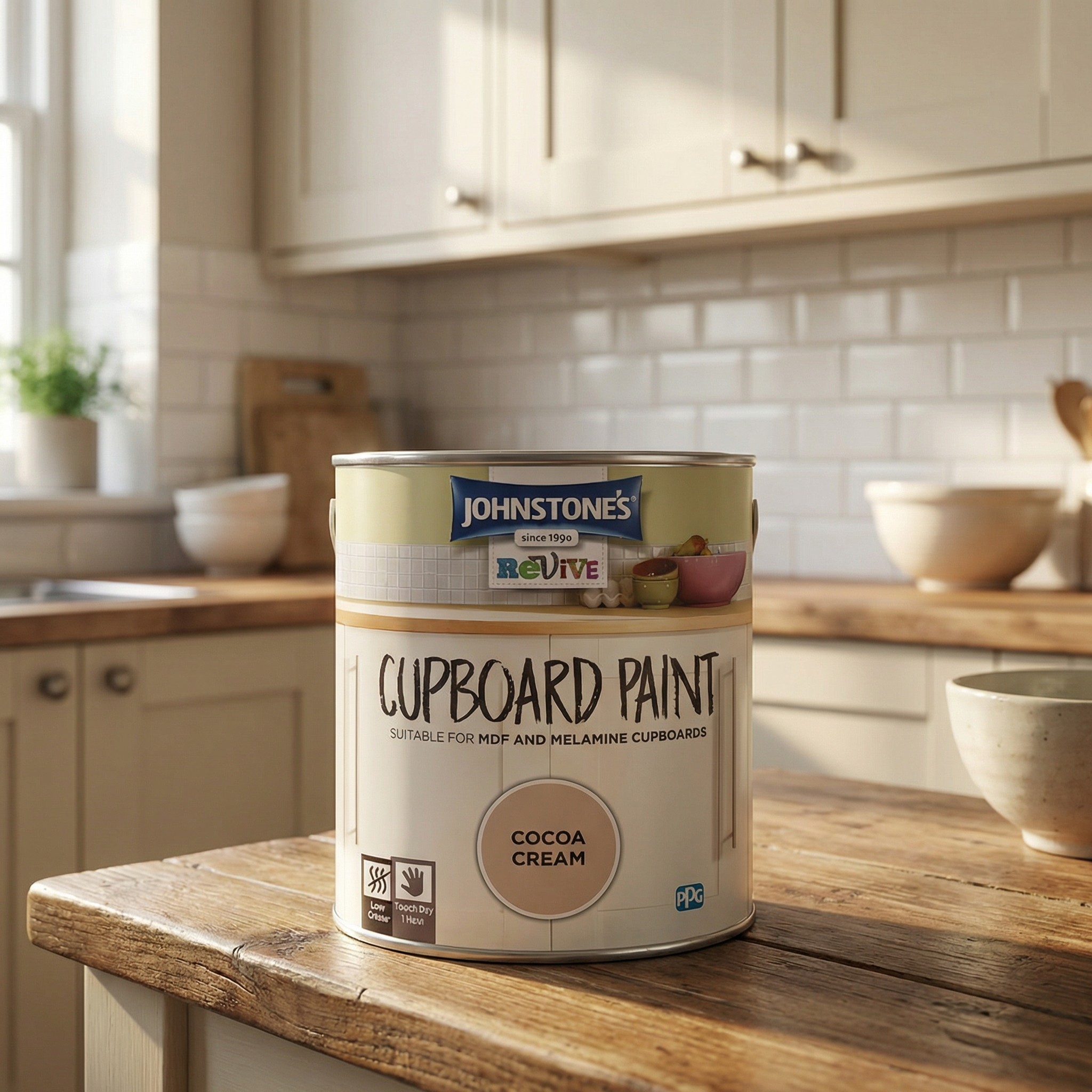 Johnstones Revive Cupboard Paint on a wooden worktop