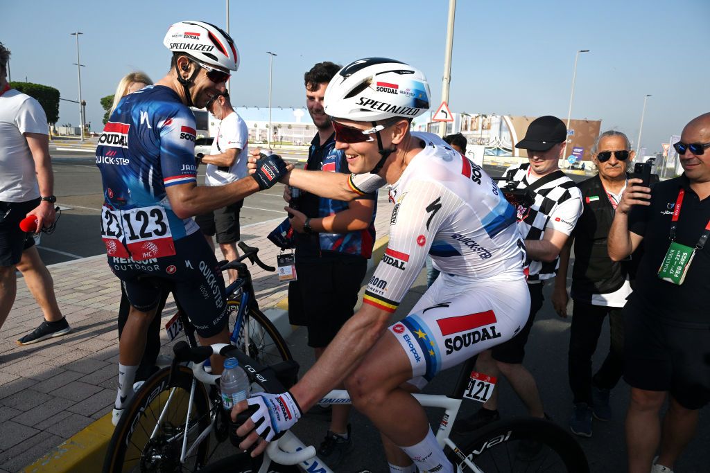 ABU DHABI UNITED ARAB EMIRATES FEBRUARY 22 Stage winner Tim Merlier of Belgium and Team Soudal QuickStep reacts after the 7th UAE Tour 2025 Stage 6 a 165km stage from Abu Dhabi Cycling Club to Abu Dhabi Breakwater UCIWWT on February 22 2025 in Abu Dhabi United Arab Emirates Photo by Dario BelingheriGetty Images