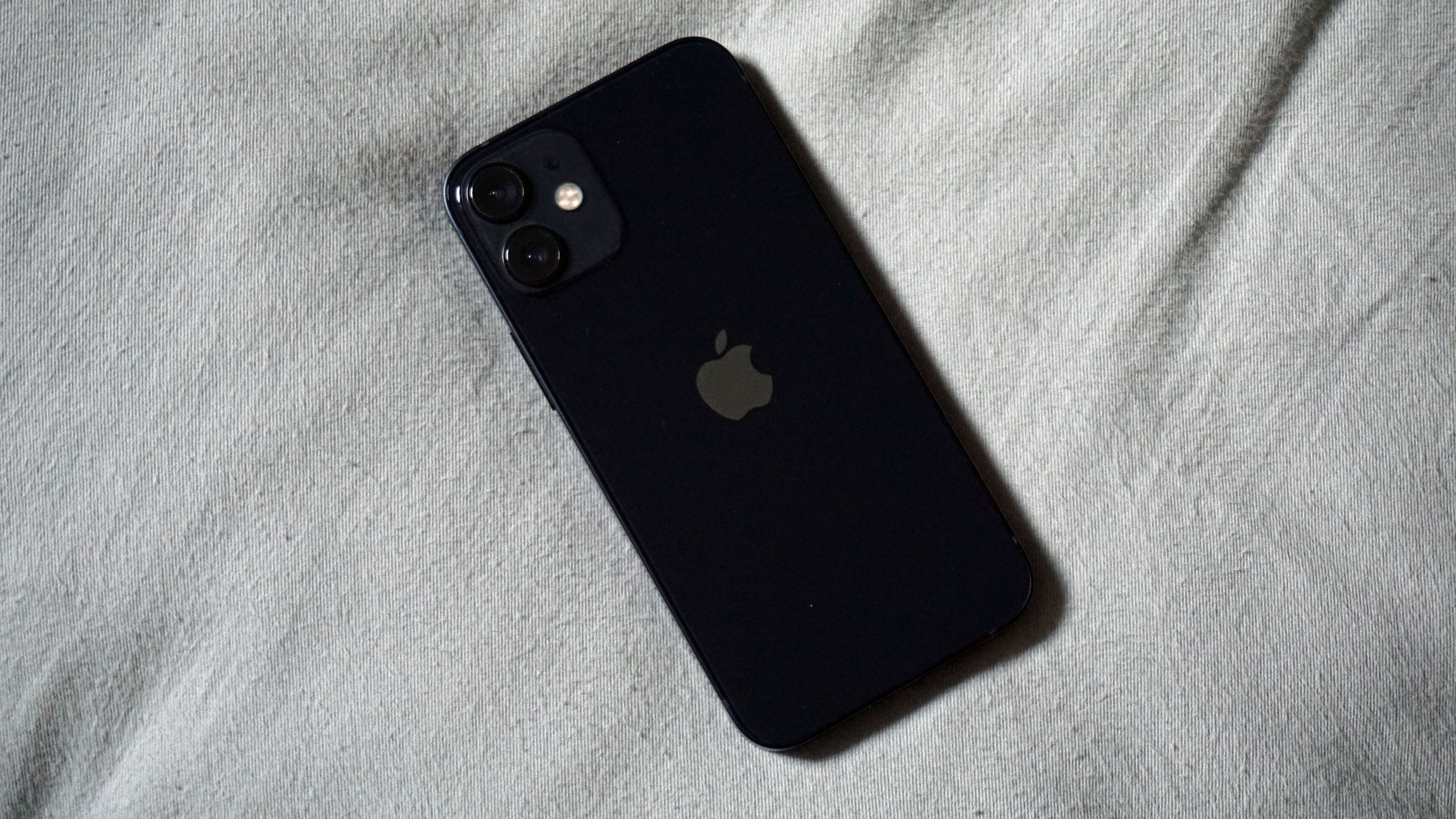 A black iPhone 12 mini, from the back