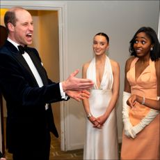 rince William, Prince of Wales, president of Bafta meets EE Rising Stars Phoebe Dynevor, Ayo Edebiri, Sophie Wilde and Mia McKenna Bruce after the Bafta Film Awards.