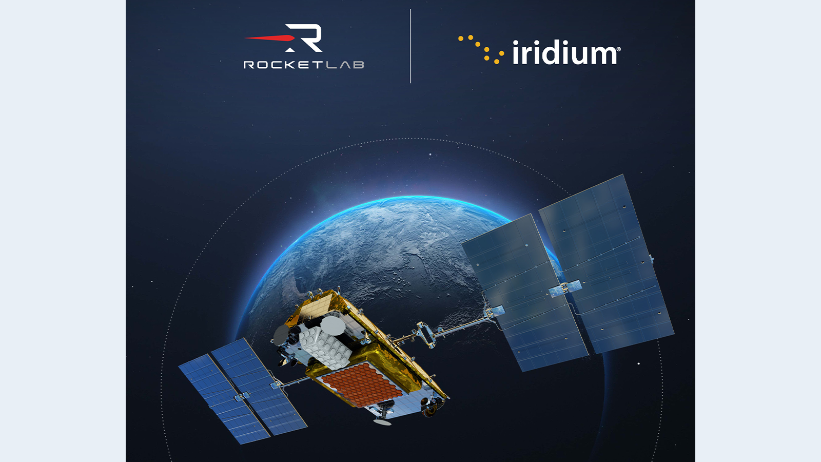 Logos of Rocket Labs and Iridium hovering over the earth and a satellite