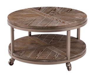 An industrial style two-tier round coffee table in wood
