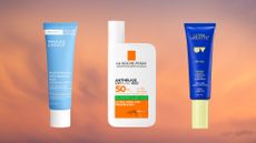 Product shot ofPaula's Choice youth extending daily hydrating fluid,La Roche-Posay Anthelios UVMune 400 SPF50+ Oil Control Fluid andUltra Violette Supreme Screen SPF50+ Hydrating Skinscreen on an orange/red background resembling the sky at sunset