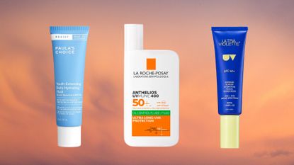 Product shot ofPaula's Choice youth extending daily hydrating fluid,La Roche-Posay Anthelios UVMune 400 SPF50+ Oil Control Fluid andUltra Violette Supreme Screen SPF50+ Hydrating Skinscreen on an orange/red background resembling the sky at sunset