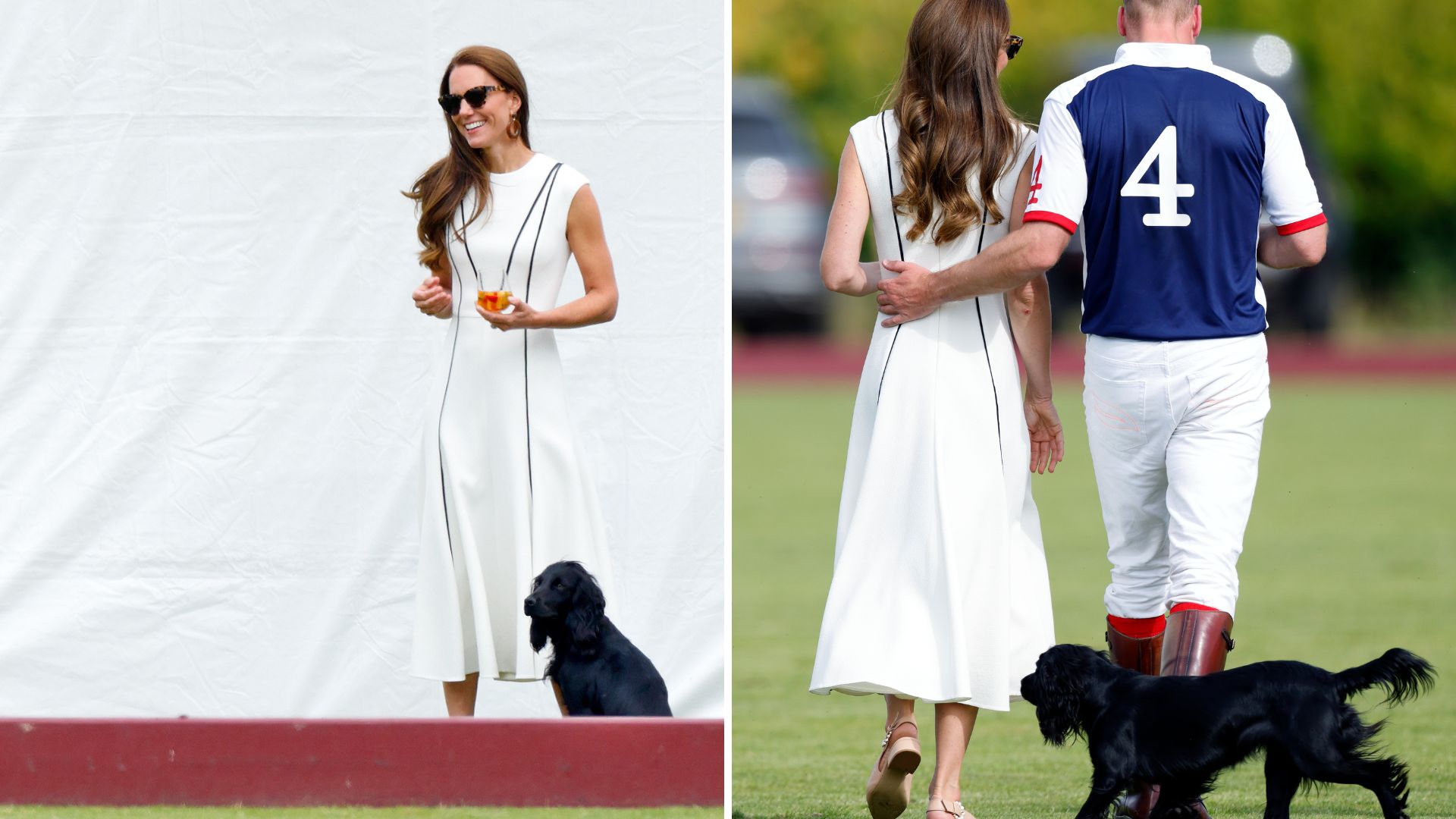 L-Kate Middleton with her dog, Orla, R-William and Kate walking with Orla running behind them at a polo match in 2022