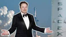 Elon Musk's net worth illustration with SpaceX in the background