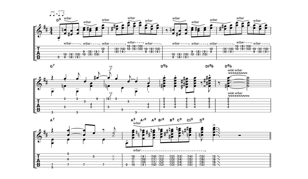 We've arranged Brian's examples into a 12-bar pattern to give you an idea of the context he had in mind for these licks. The first slides in bar 10 (A9, Ab9, A9) can be replaced by whammy bar bends if preferred, as Brian demonstrates just after this example.