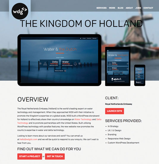The Web Development Group’s project section is made up of case studies, and displays the work across different device screens to show off the firm’s responsive design skills.