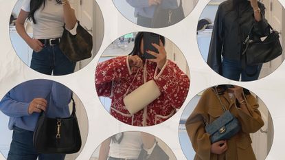 Collage of designer handbags.