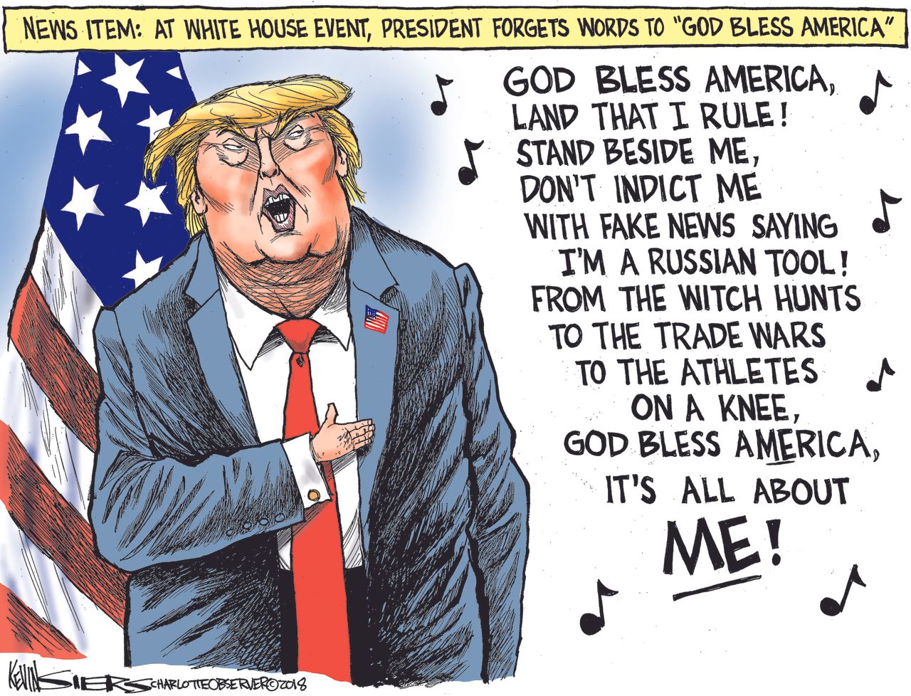 Political Cartoon U.S. Trump National Anthem Russia investigation trade wars NFL kneeling