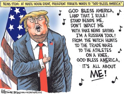 Political Cartoon U.S. Trump National Anthem Russia investigation trade wars NFL kneeling