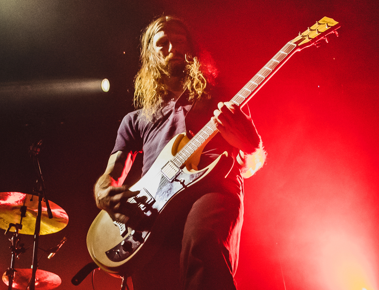 Mike Sullivan of Russian Circles band, performs during a concert at Circo Volador on April 14, 2024 in Mexico City, Mexico.