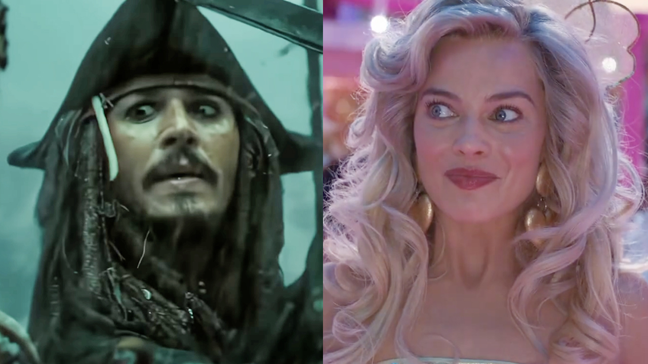 Johnny Depp as Captain Jack Sparrow, Margot Robbie as Barbie. 