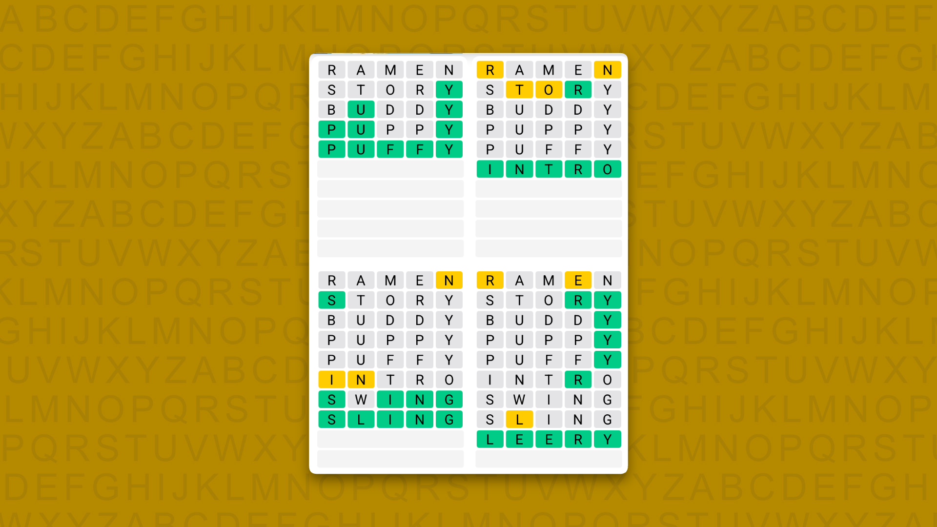 Quordle answers for game 1652 on a yellow background