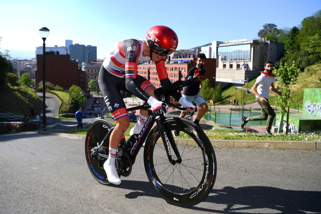 BILBAO SPAIN APRIL 05 Tadej Pogacar of Slovenia and UAE Team Emirates during the 60th ItzuliaVuelta Ciclista Pais Vasco 2021 Stage 1 a 139km individual time trial from Bilbao to Bilbao itzulia ehitzulia ITT on April 05 2021 in Bilbao Spain Photo by David RamosGetty Images