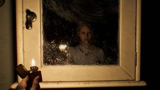 Resident Evil Requiem screenshot featuring Grace holding lighter and looking into bathroom cabinet mirror in the dark.