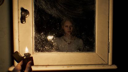 Resident Evil Requiem screenshot featuring Grace holding lighter and looking into bathroom cabinet mirror in the dark.