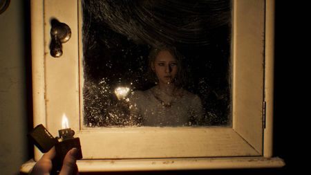 Resident Evil Requiem screenshot featuring Grace holding lighter and looking into bathroom cabinet mirror in the dark.