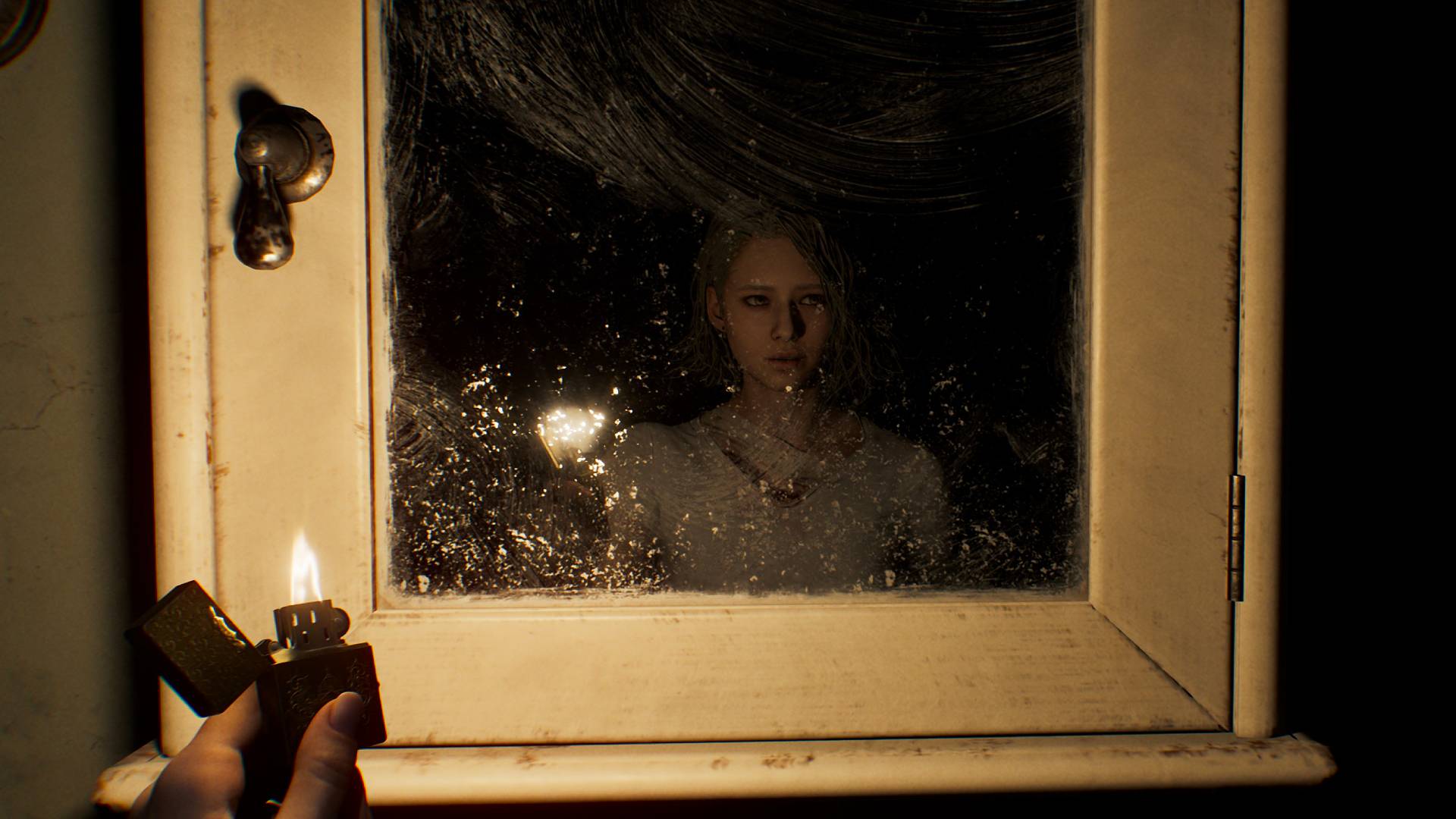Resident Evil Requiem screenshot featuring Grace holding lighter and looking into bathroom cabinet mirror in the dark.