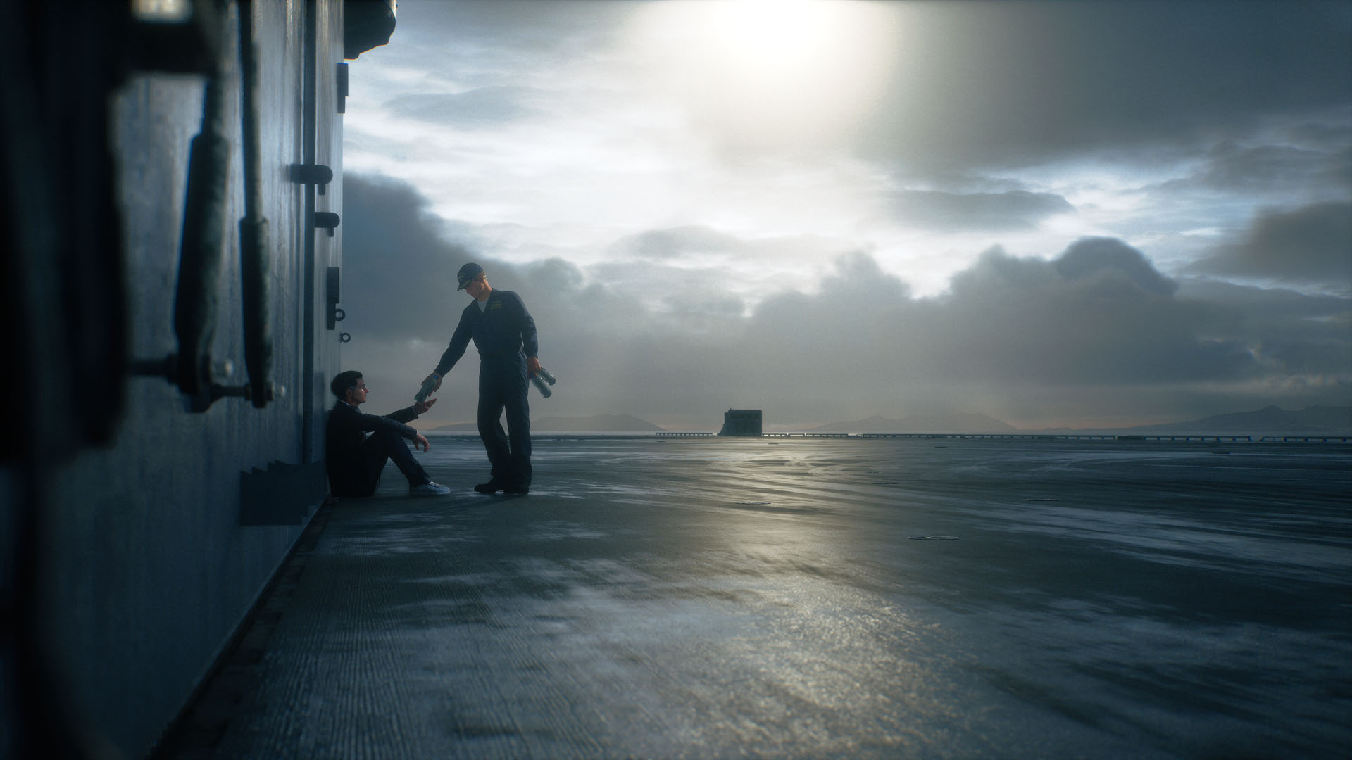A character sits with their back to metal on the FSU Endurance aircraft carrier, as another reaches out for their hand in Ace Combat 8: Wings of Theve