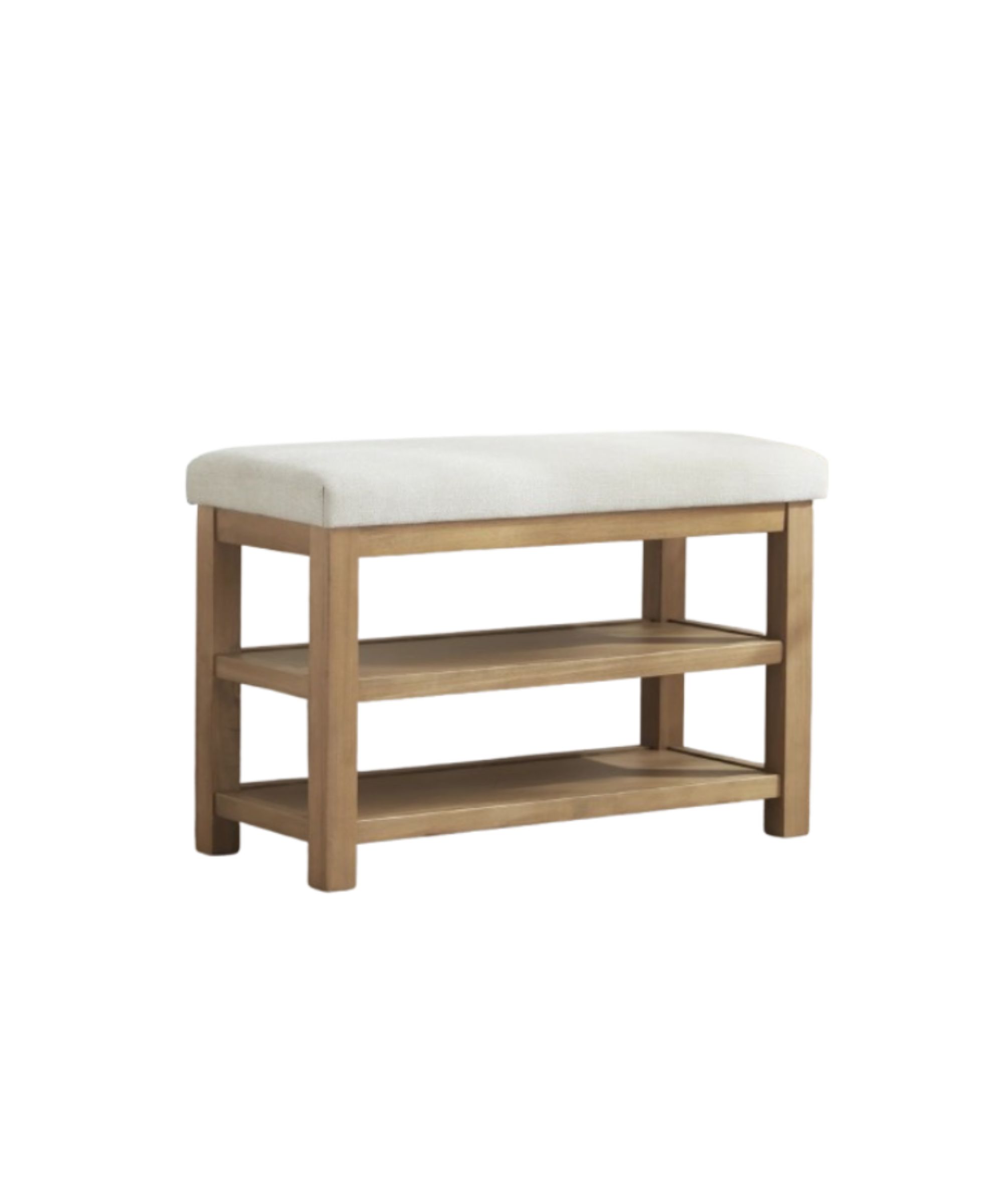 A wooden storage bench with upholstered top