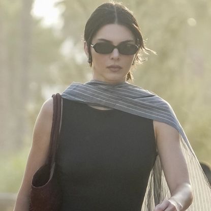 Kendall Jenner wore a little black dress and a pinstripe shawl on vacation with Kylie and Timoth&eacute;e Chalamet