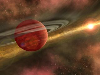 This artist's image shows a newly formed planet swimming through the gas and dust surrounding the star. Such a planet might scoop up gas and dust to build an atmosphere, which it could lose as it moves closer to its sun. Thus it could shift from a gas pla