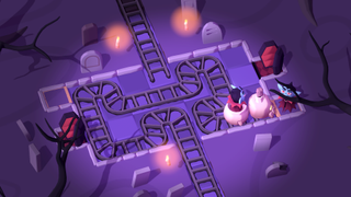 A spooky train puzzle inside a forest bathed in purple with two Dracula-like characters hanging outside of two coffins