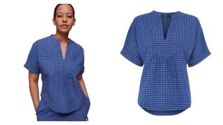 Blue relaxed fit top with wide short sleeves and v-neck