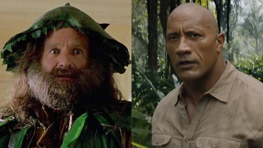 Alan Parrish (Robin Williams) looks shocked in Jumanji, while Dr. Xander Bravestone (Dwayne Johnson) looks on in The Next Level.