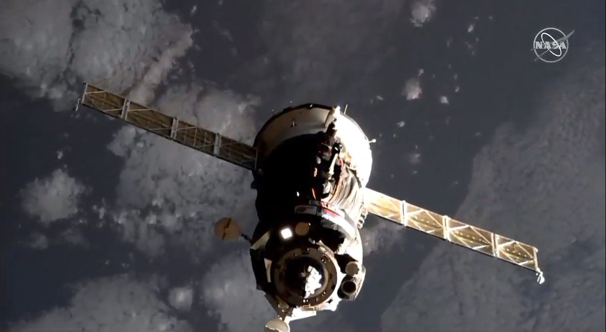 The Russian Soyuz MS-12 spacecraft carrying three new crewmembers for the International Space Station's Expedition 58/59 crew is seen as it docks at the orbiting lab on March 14, 2019.