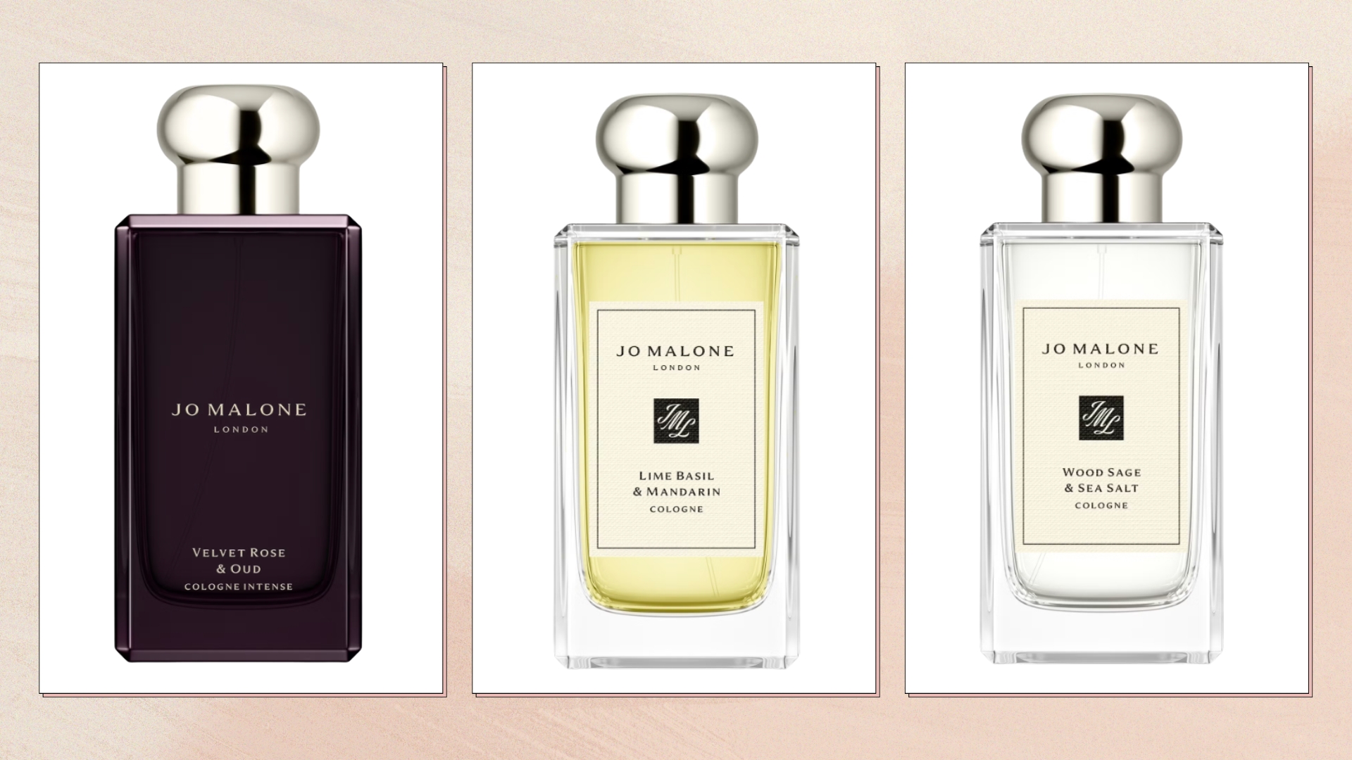A selection of the best Jo Malone perfumes, including the Velvet Rose & Oud Cologne Intense, Lime, Basil & Mandarin and the Wood Sage & Sea Salt cologne/ pictured in a cream and peach watercolour paint-style template