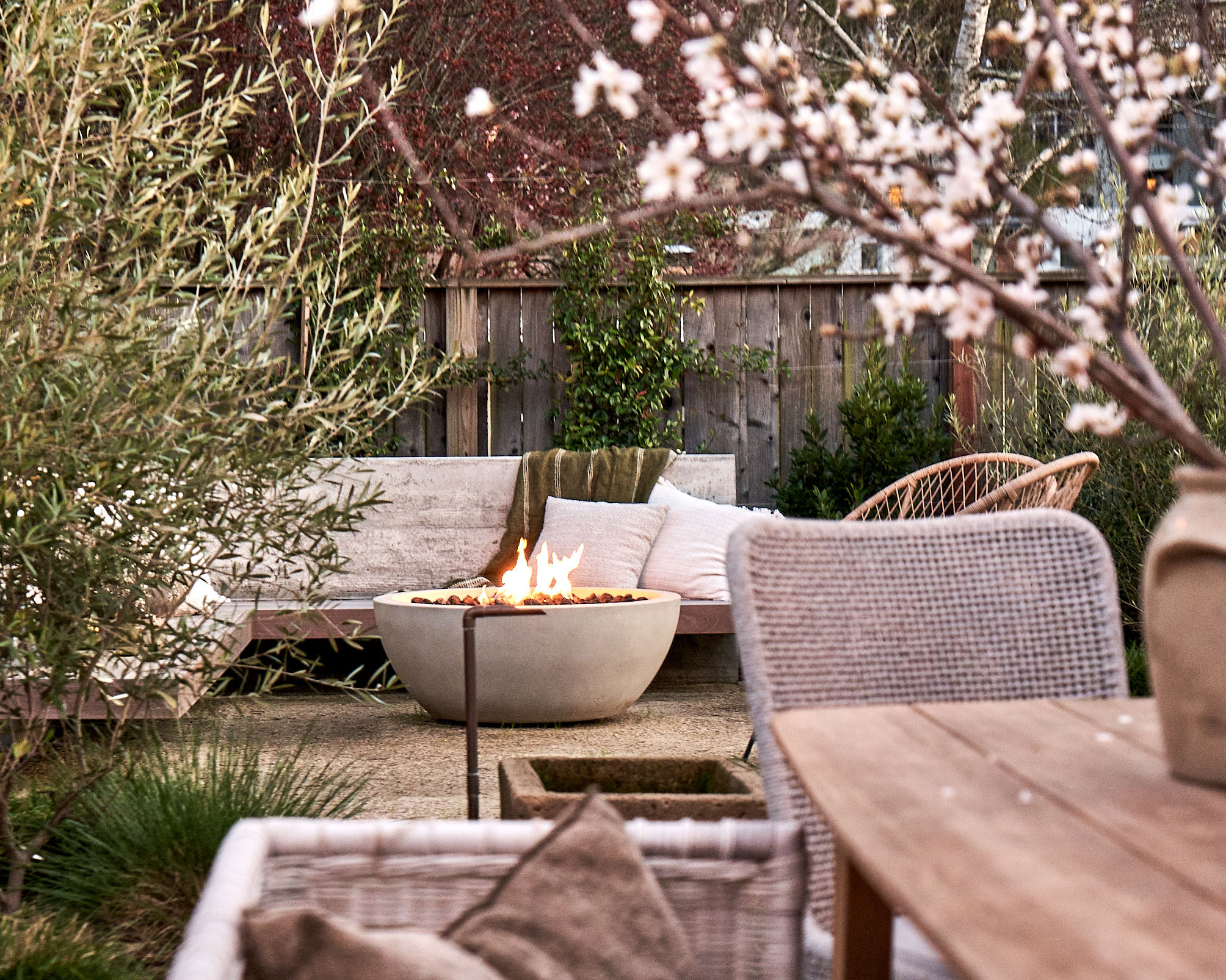 patio with stone firepit, outdoor table and chair, shrubs and tree with blossom, fence in the background