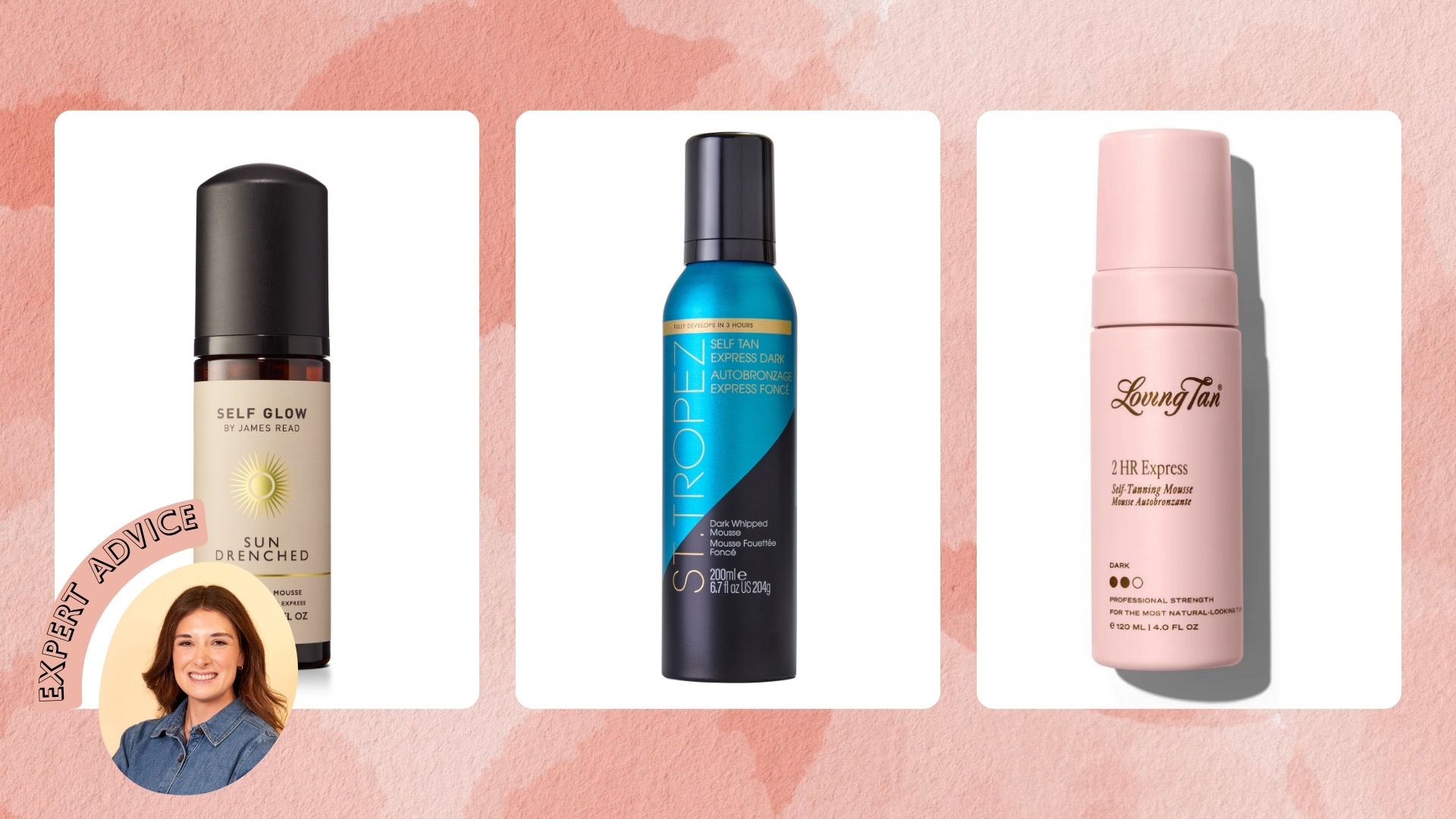 collage of three fake tans with a small image of beauty editor Jess Beech