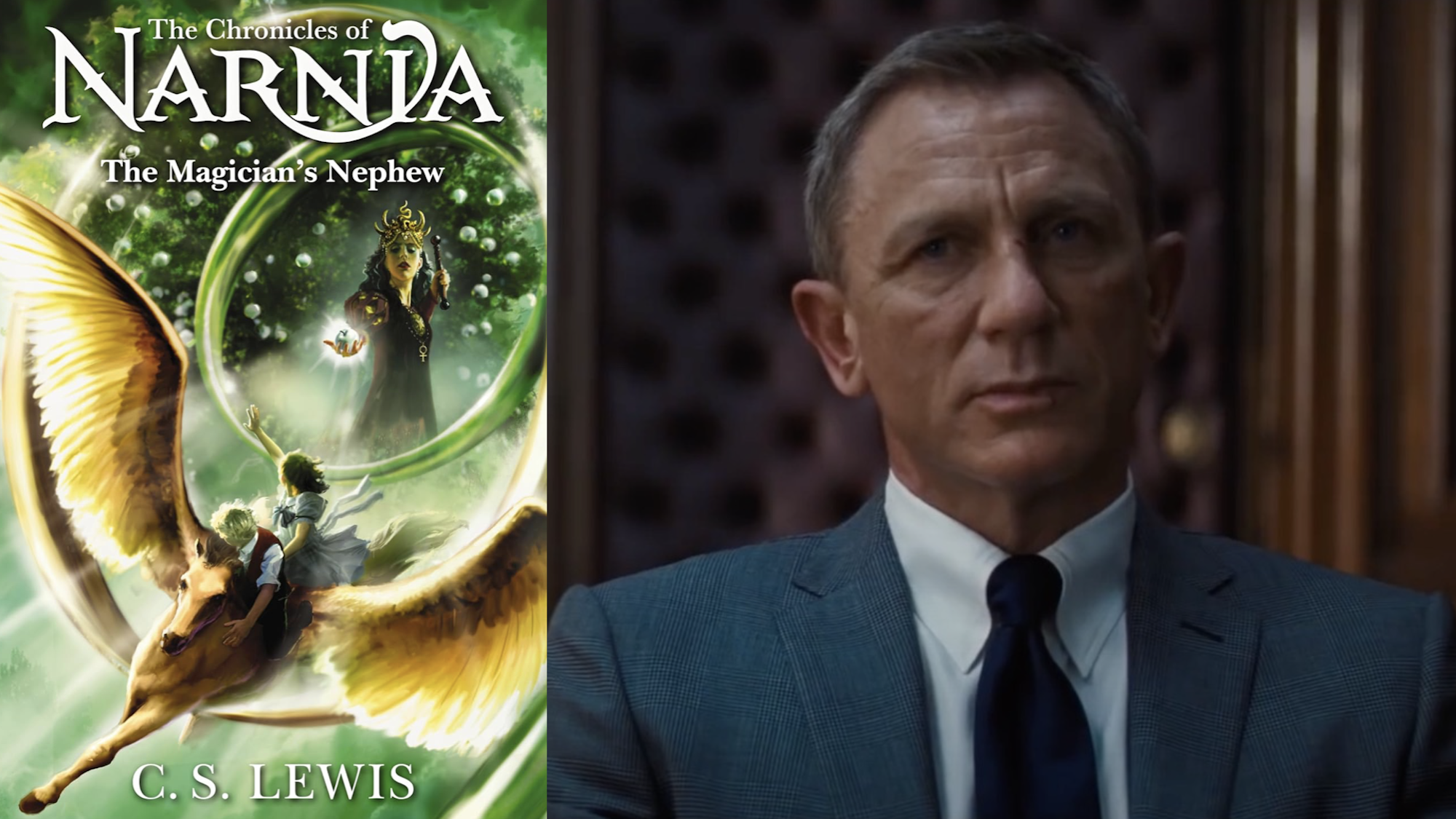 Narnia book and Daniel Craig in No Time To Die