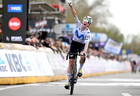 WAREGEM, BELGIUM - APRIL 01: Marlen Reusser of Switzerland and Team Movistar celebrates at finish line as race winner during the 14th Dwars door Vlaanderen 2026 - Women's Elite a 128.8km one day race from Waregem to Waregem / #UCIWWT / on April 01, 2026 in Waregem, Belgium. (Photo by Dario Belingheri/Getty Images)