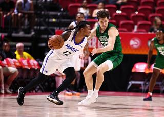 LAS VEGAS, NV - JULY 18: Ace Baldwin Jr. #12 of the Orlando Magic drives to the basket during the game against the Boston Celtics during the 2026 NBA Summer League on July 18, 2026 at the Thomas & Mack Center in Las Vegas, Nevada. NOTE TO USER: User expressly acknowledges and agrees that, by downloading and or using this Photograph, user is consenting to the terms and conditions of the Getty Images License Agreement. Mandatory Copyright Notice: Copyright 2026 NBAE (Photo by Mike Kirschbaum/NBAE via Getty Images)