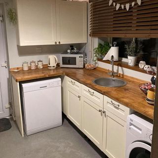 kitchen with wooden worktop sink and potted plants